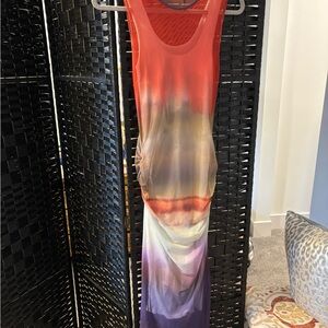 Zara Sleeveless Ombre Midi Dress in Red, Cream & Purple